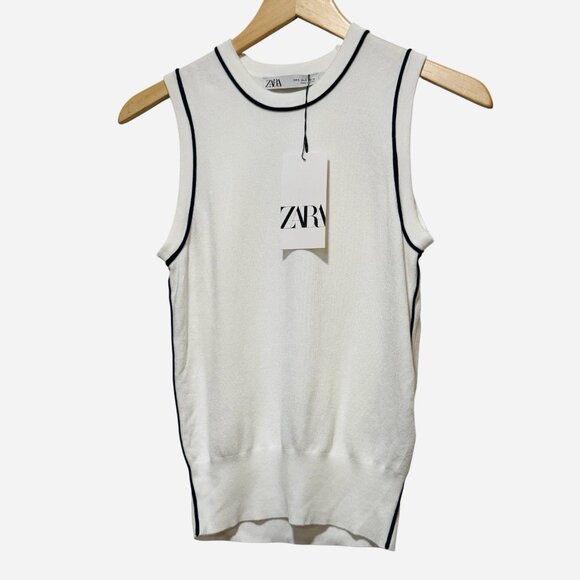 NWT Zara Sleeveless Top Stretch Knit Preppy Nautical White Navy Women’s Small - Picture 2 of 9